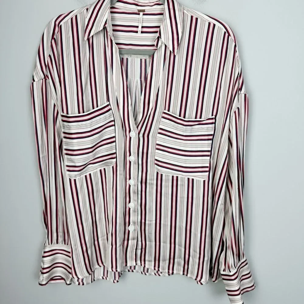 FREE PEOPLE | NEW Striped Button Front Double Pocket Long Sleeve Top Women’s M